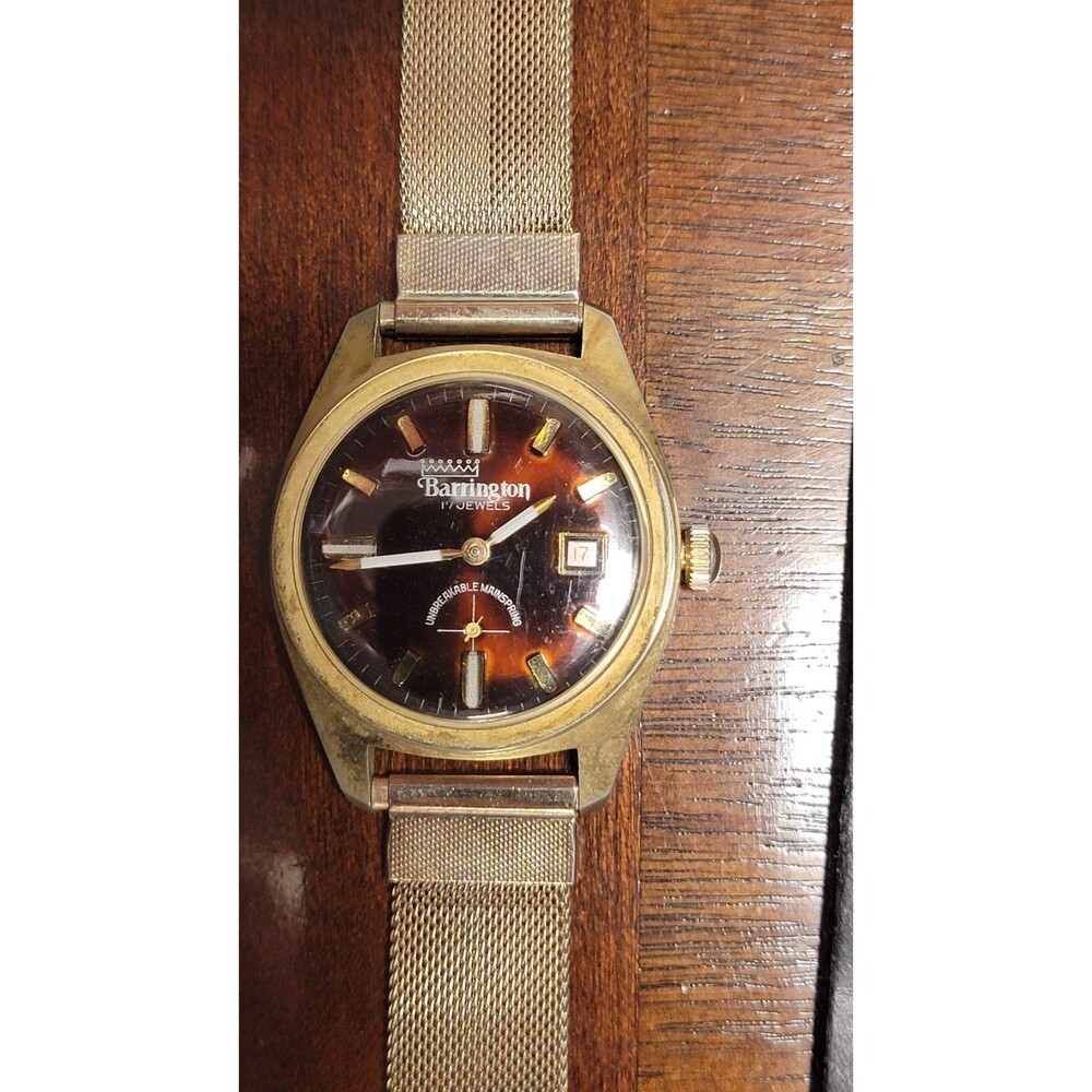 Barrington Mens Manual Wind Up 17j Vintage Watch Gold Tone Woven Mesh Band WORKS